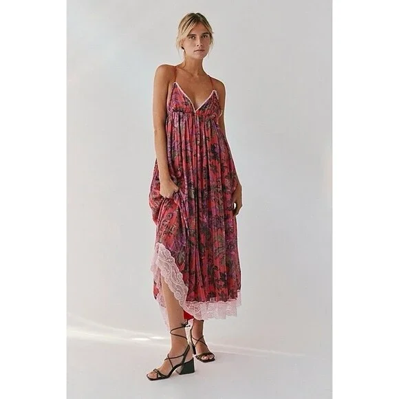Free People Primmy Printed Midi/Maxi Dress Sz L Large Red Combo Floral $250 NWOT - Picture 1 of 8